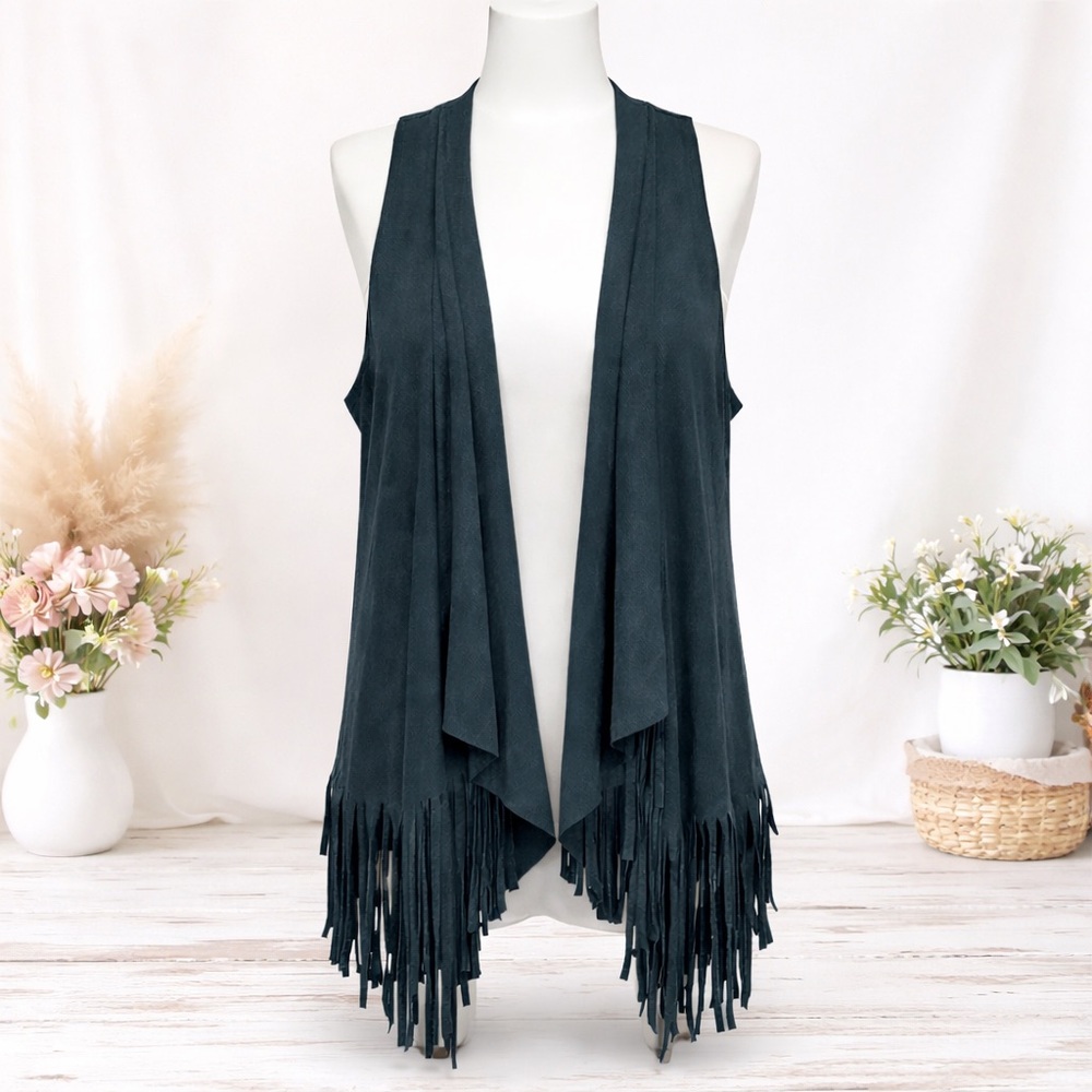 Love on a Hanger Fringe Waterfall Vest Teal Boho Western Drape Large